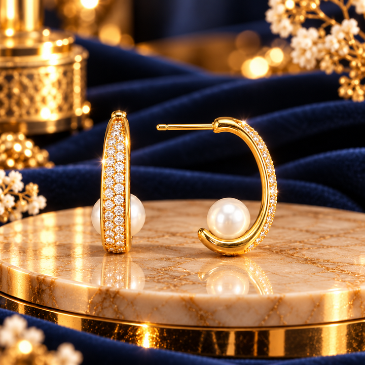 18K Gold-Plated CZ Pearl Hoop Earrings