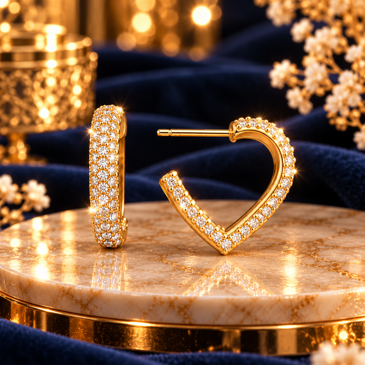18K Gold-Plated CZ Heart Hoop Earrings