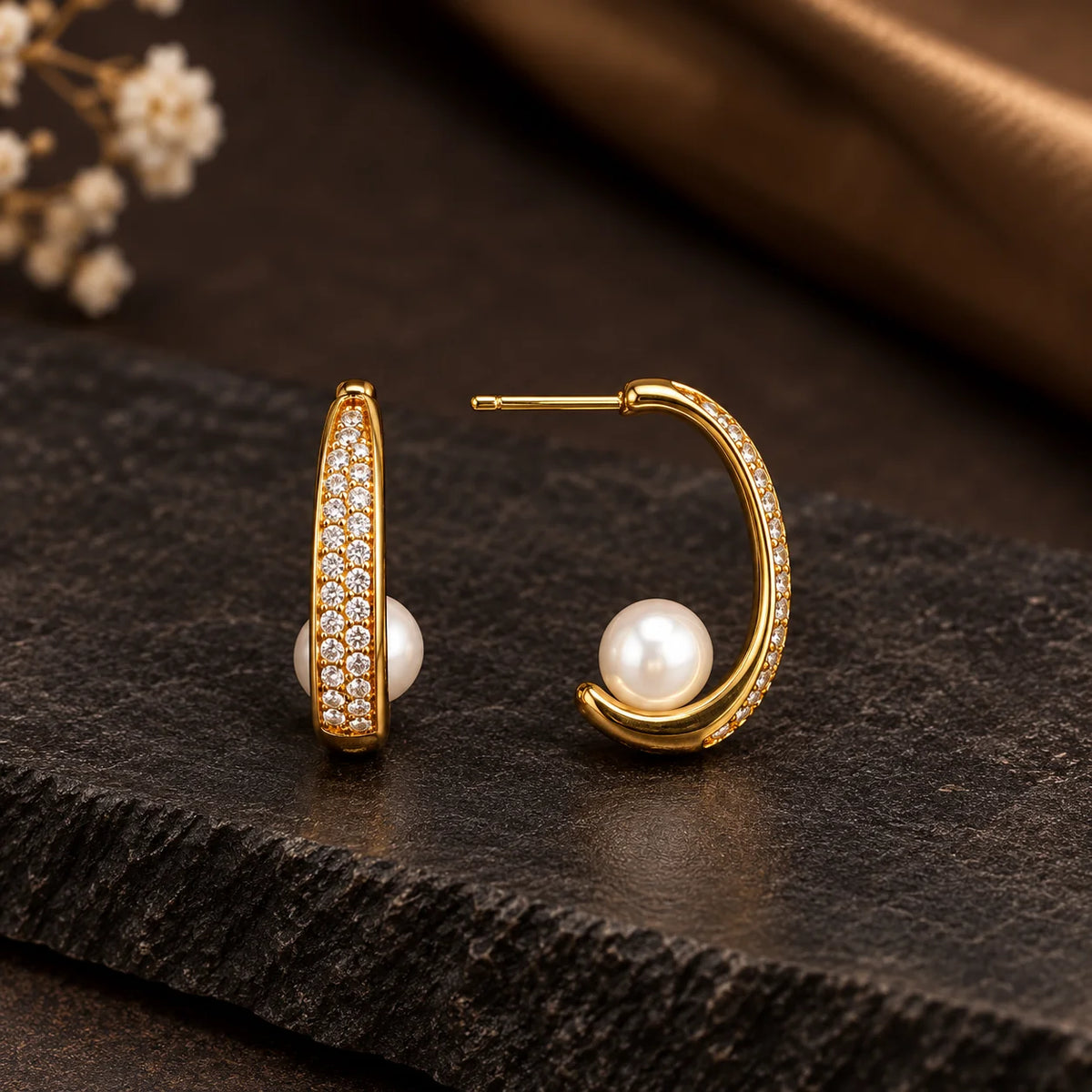 18K Gold-Plated CZ Pearl Hoop Earrings