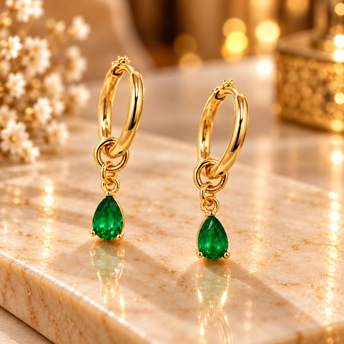 18K Gold-Plated Emerald Teardrop Huggie Earrings