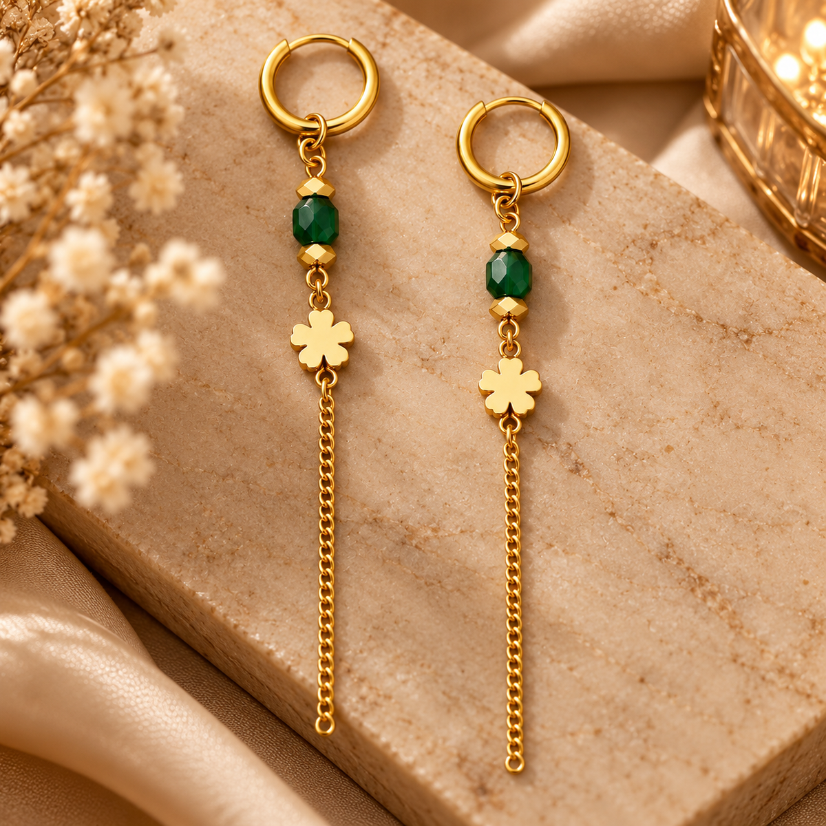 18K Gold-Plated Emerald Bloom Chain Huggie Earrings