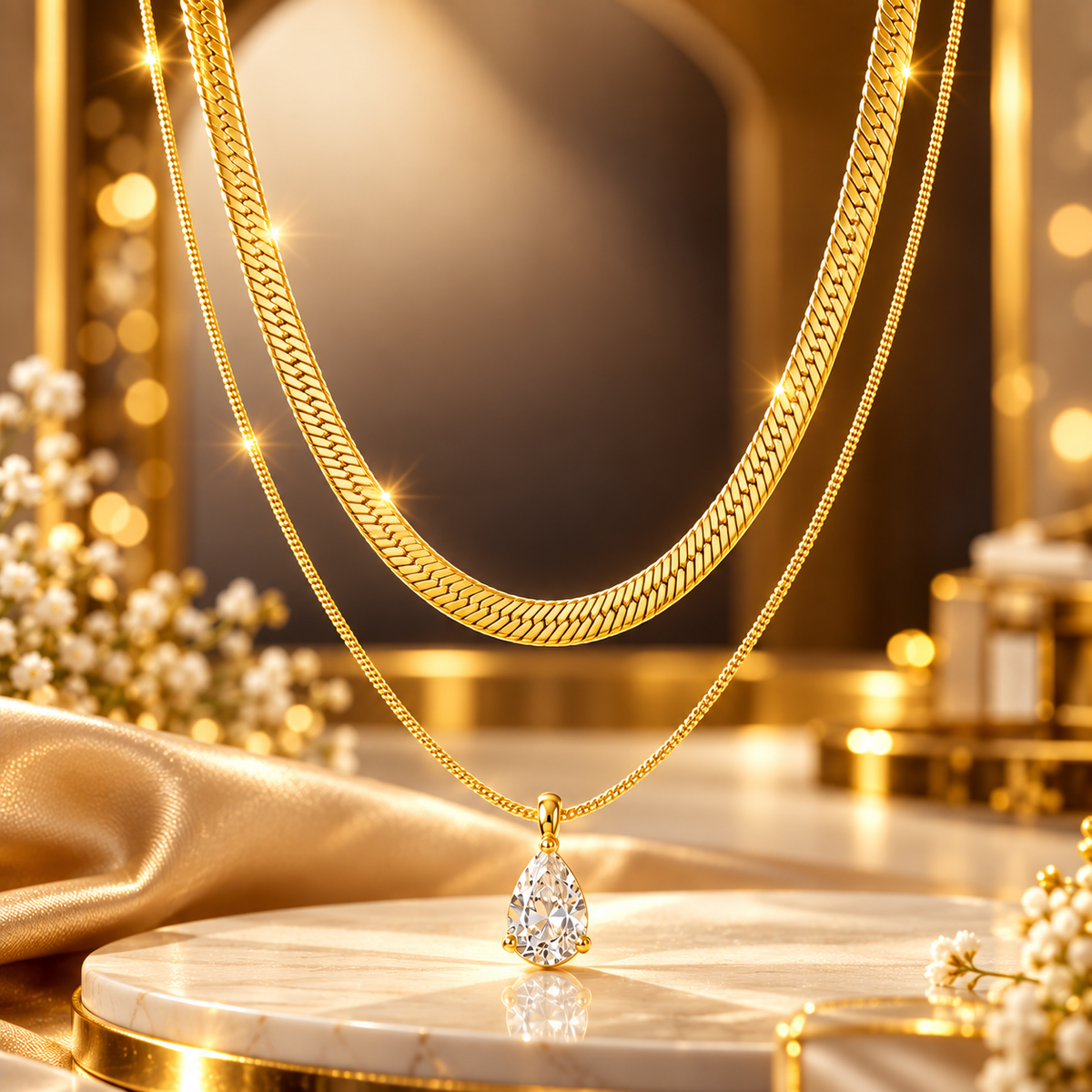 18K Gold-Plated CZ Teardrop Herringbone Layered Necklace