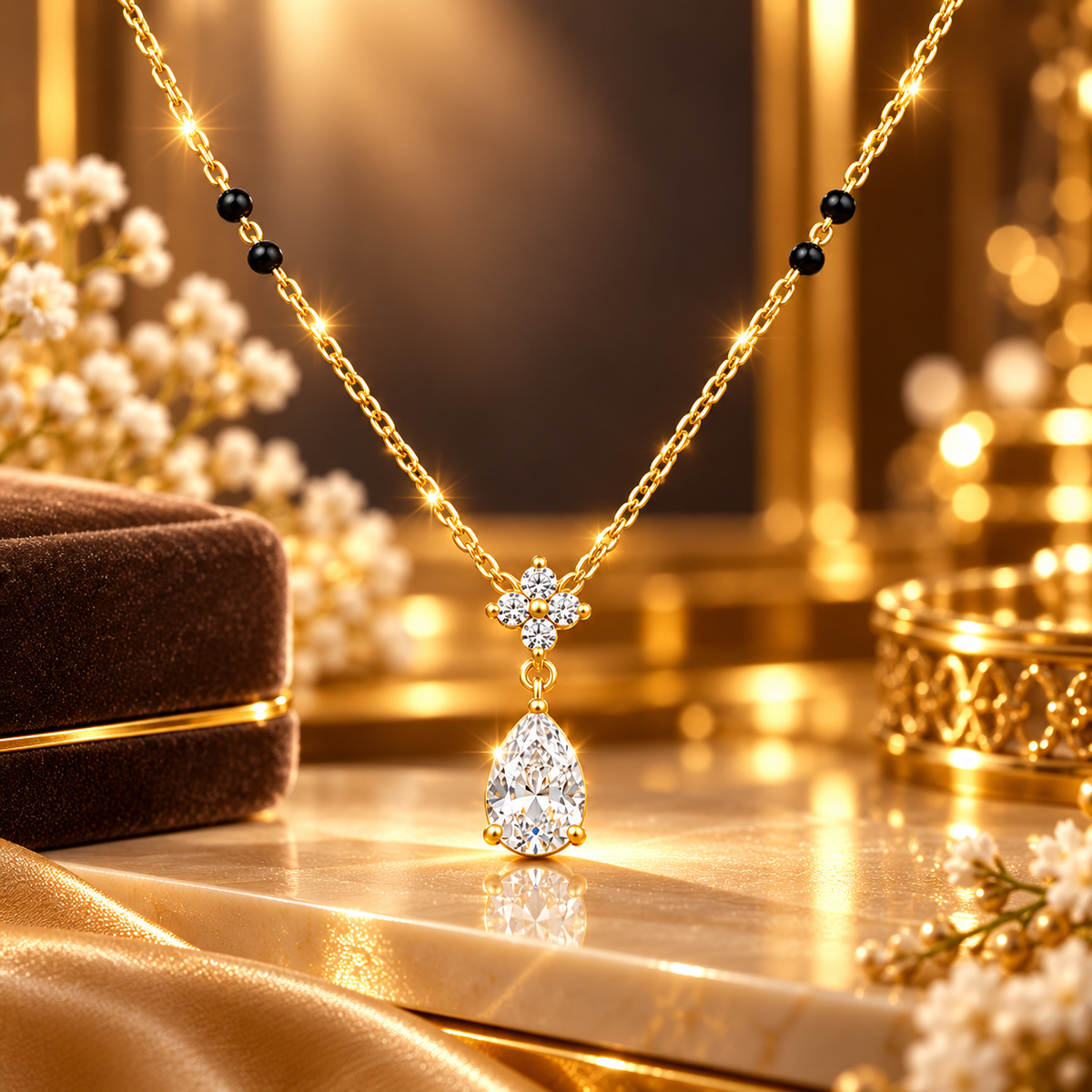 18K Gold-Plated CZ Teardrop & Black Bead Necklace