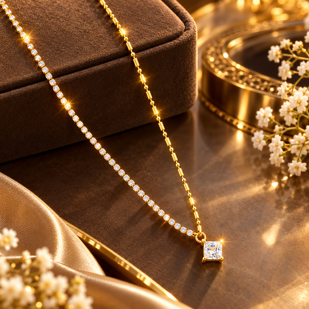 18K Gold-Plated CZ Princess Cut Layered Necklace