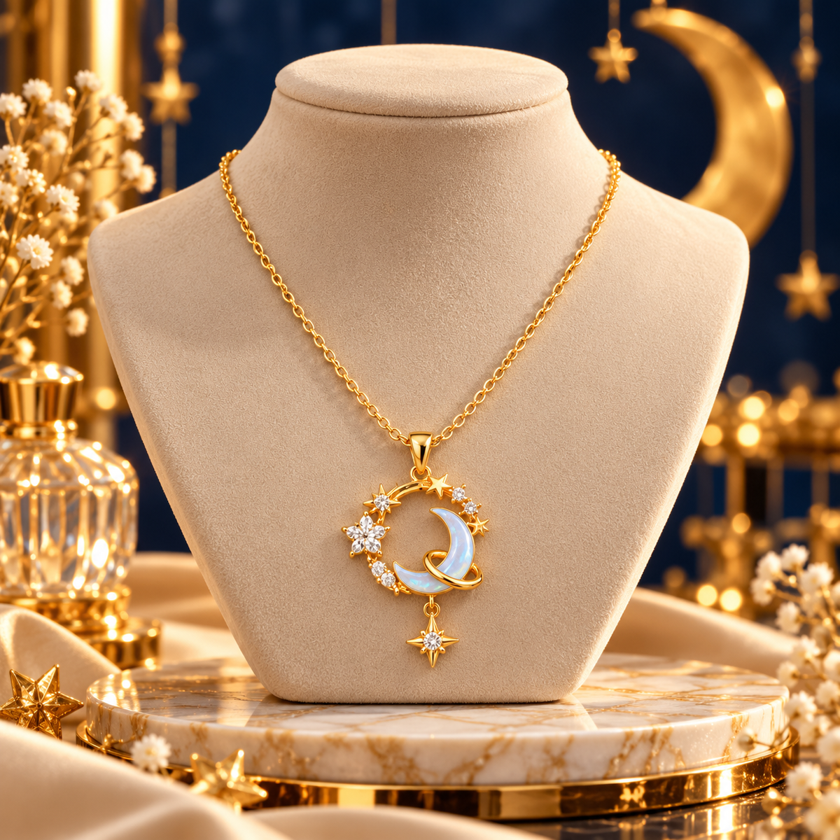 18K Gold-Plated CZ Crescent Moon & Star Pendant Necklace