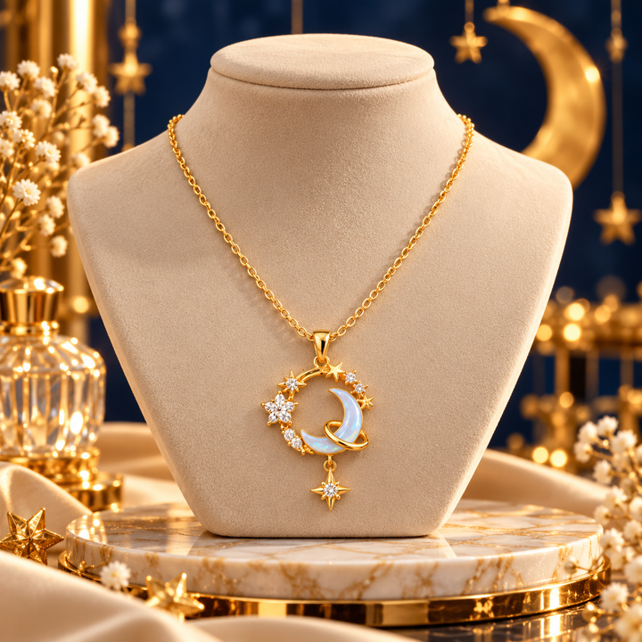 18K Gold-Plated CZ Crescent Moon & Star Pendant Necklace