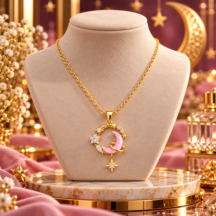 18K Gold-Plated CZ Crescent Moon & Star Pendant Necklace