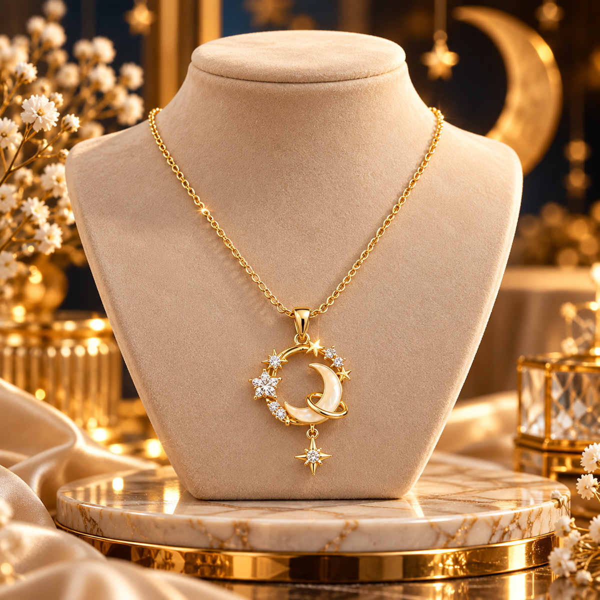 18K Gold-Plated CZ Crescent Moon & Star Pendant Necklace