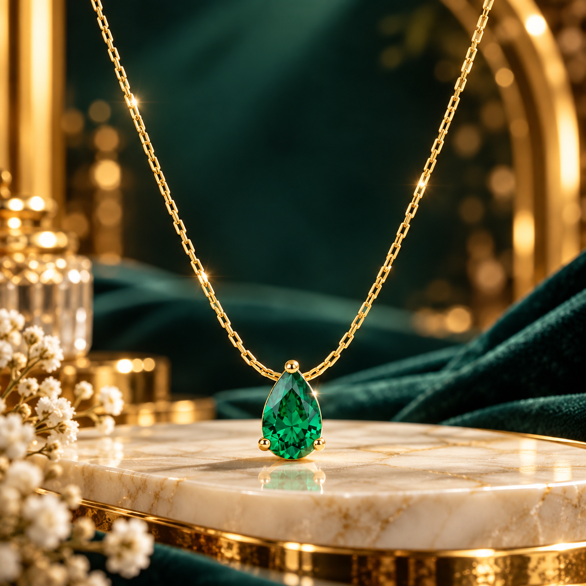 18K Gold-Plated Green CZ Teardrop Pendant Necklace