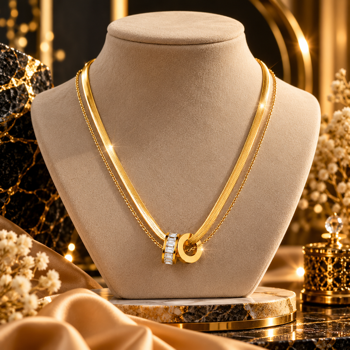 18K Gold-Plated CZ Double-Layer Circle Pendant Necklace
