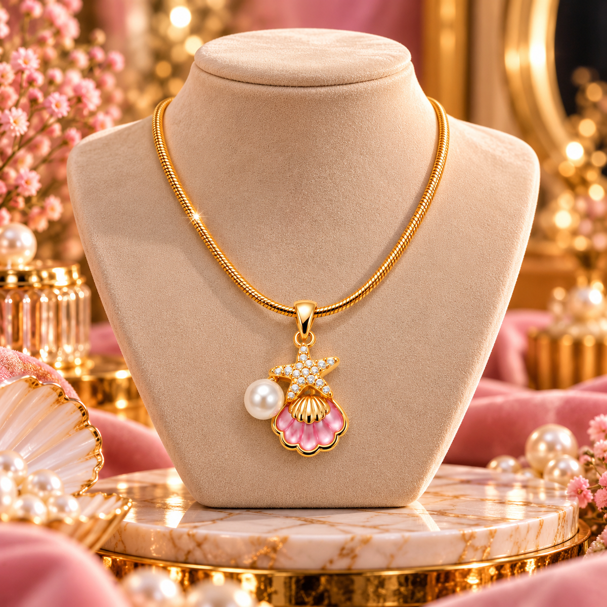 18K Gold-Plated CZ Pearl Shell Pendant Necklace