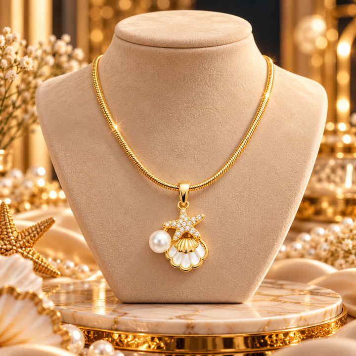 18K Gold-Plated CZ Pearl Shell Pendant Necklace
