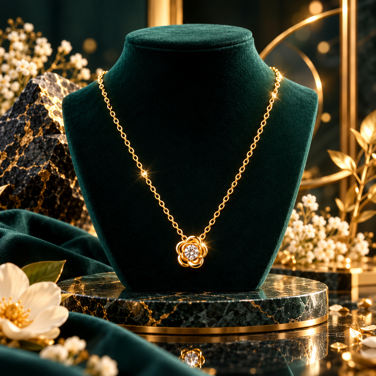 18K Gold-Plated CZ Floral Pendant Necklace