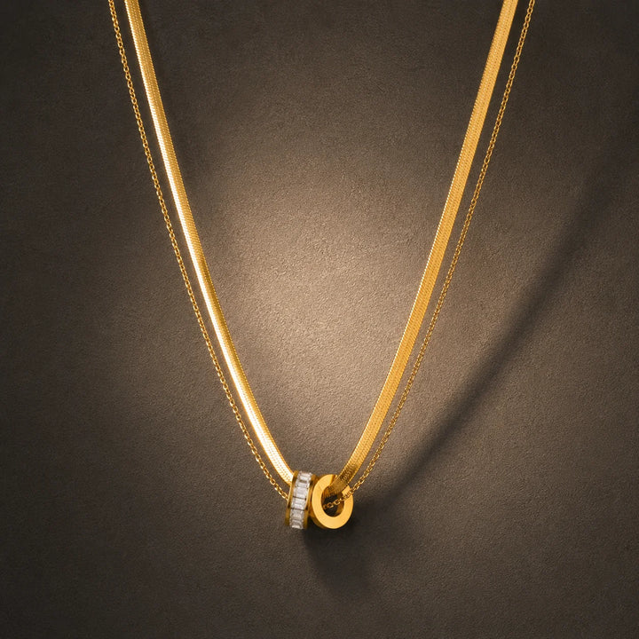 18K Gold-Plated CZ Double-Layer Circle Pendant Necklace