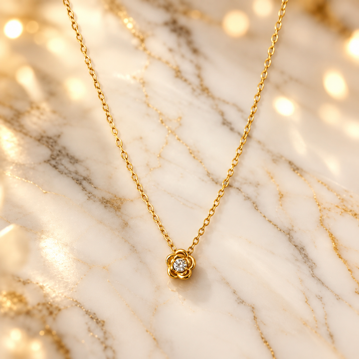 18K Gold-Plated CZ Floral Pendant Necklace
