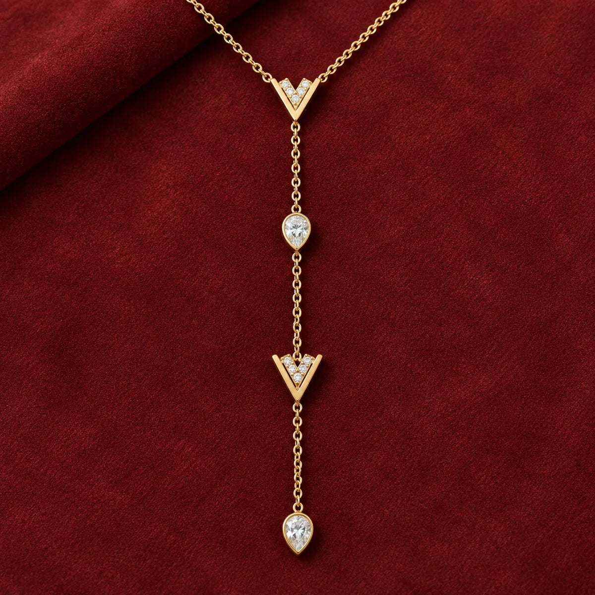 18K Gold-Plated CZ V-Chain Drop Necklace