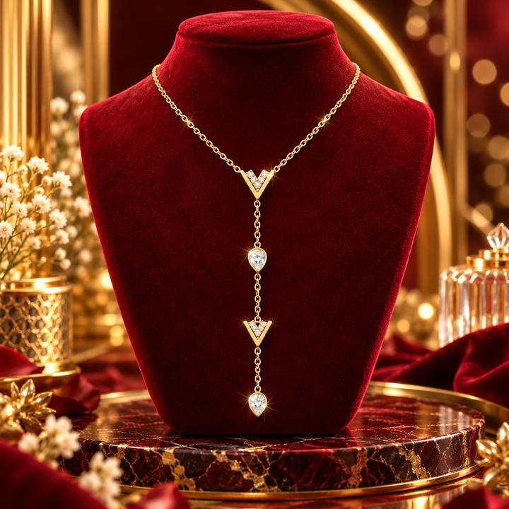 18K Gold-Plated CZ V-Chain Drop Necklace